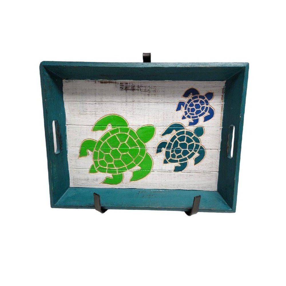 Sea Turtle Wood Tray Hand Painted Turtles Hand Carved Green Blue Serving Tray